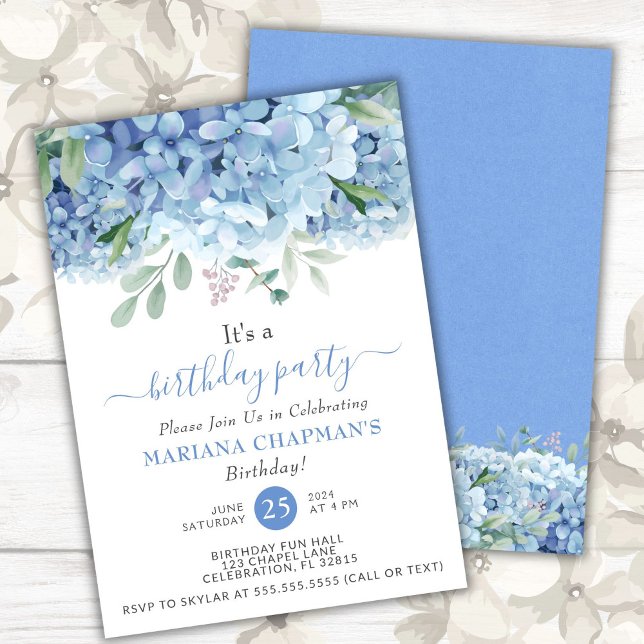 Blå Hydrangeas Vattenfärg Blommig Födelsedagsfest Inbjudningar (Skapare uppladdad)