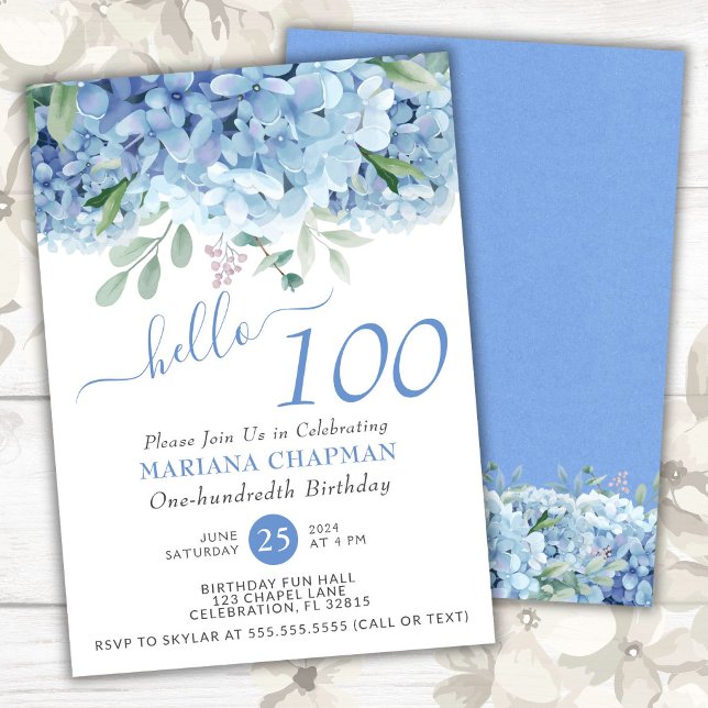 Blå Hydrangeas Vattenfärg Blommor 100-årsdag Inbjudningar (Skapare uppladdad)