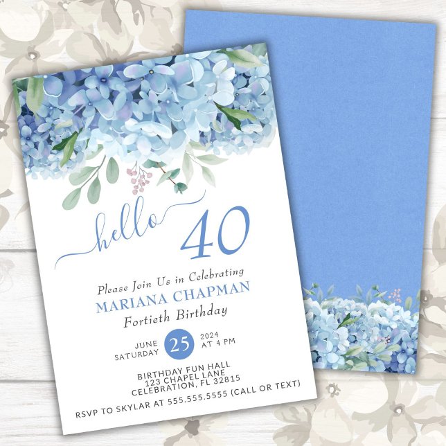 Blå Hydrangeas Vattenfärg Blommor 40-års Födelseda Inbjudningar (Skapare uppladdad)