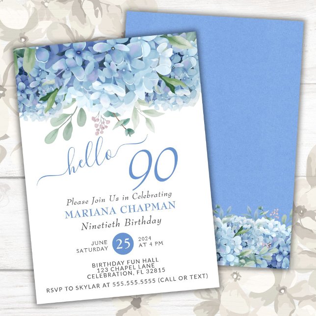 Blå Hydrangeas Vattenfärg Blommor 90-årsdag Inbjudningar (Skapare uppladdad)