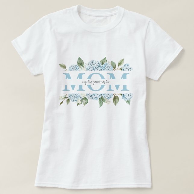 Blå Hydrangeor Blommiga Barns Namn Mamma Gåva T Shirt (Design framsida)