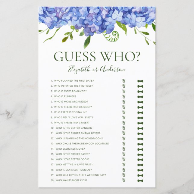 Blå Hydrangeor Gissa Vem Bröllopsduschspel (Framsida)