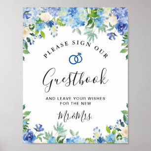 Blå Hydrangeor Grönska Tecken Vår Gästbok Poster