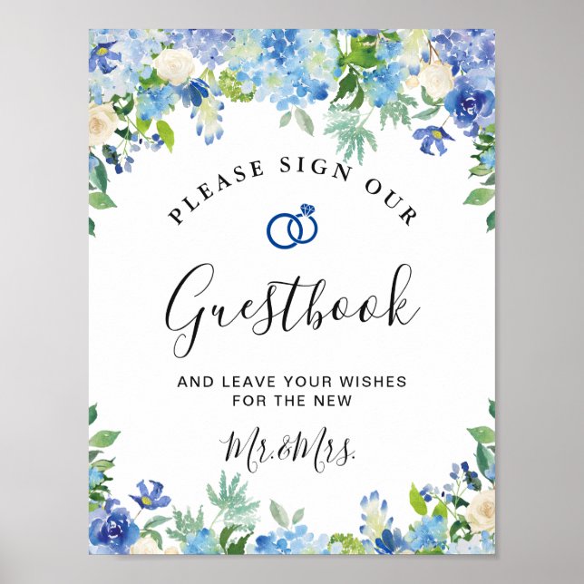 Blå Hydrangeor Grönska Tecken Vår Gästbok Poster (Framsidan)