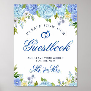 Blå Hydrangeor Grönska Tecken Vår Gästbok Poster