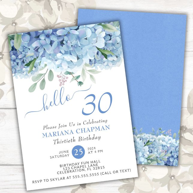 Blå Hydrangeor Vattenfärg Blommig 30-årsdag Inbjudningar (Skapare uppladdad)