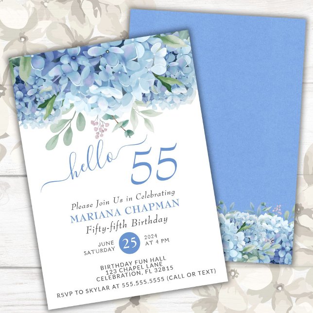 Blå Hydrangeor Vattenfärg Blommig 55-årsdag Inbjudningar (Skapare uppladdad)