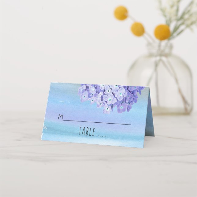 Blå hydrangeor vattenfärg bröllop vikt eskort placeringskort (Framsida)