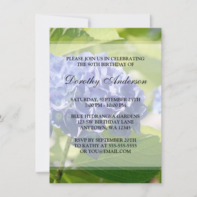 Blå Hydrangeus 90:e Födelsedagsfest inbjudan (Framsida)