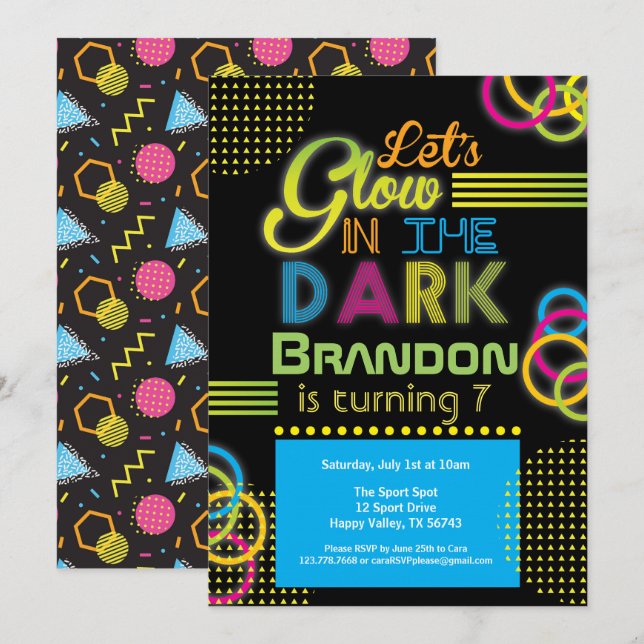 Blå i mörkens barn födelsedag blå party inbjudningar (Fram/baksida)