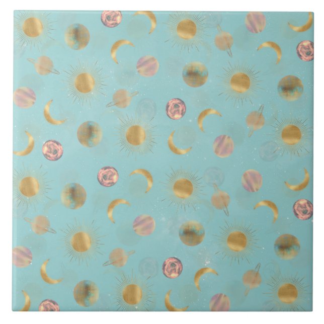 Blå illustration av planeterna guld i Måne Kakelplatta (Framsidan)