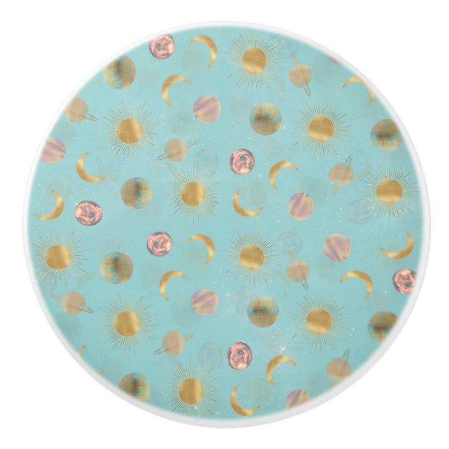 Blå illustration av planeterna guld i Måne Knopp (Framsidan)