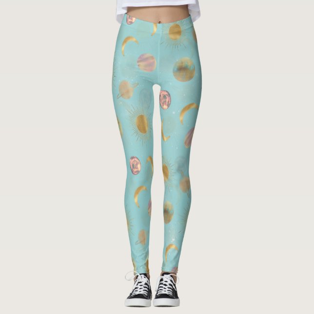 Blå illustration av planeterna guld i Måne Leggings (Framsida)