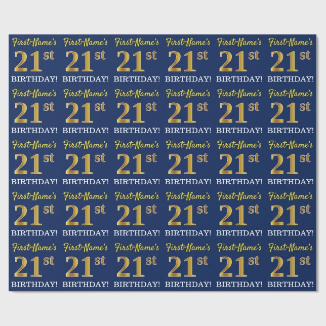 Blå, imitation guld look "21-ÅRS FÖDELSEDAG" Presentpapper (Platt)