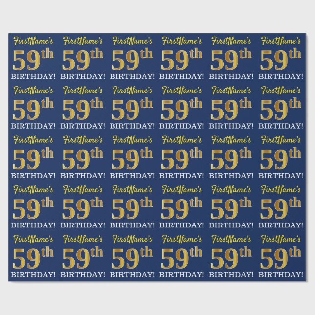 Blå, imitation guld look "59-ÅRS FÖDELSEDAG" Presentpapper (Platt)