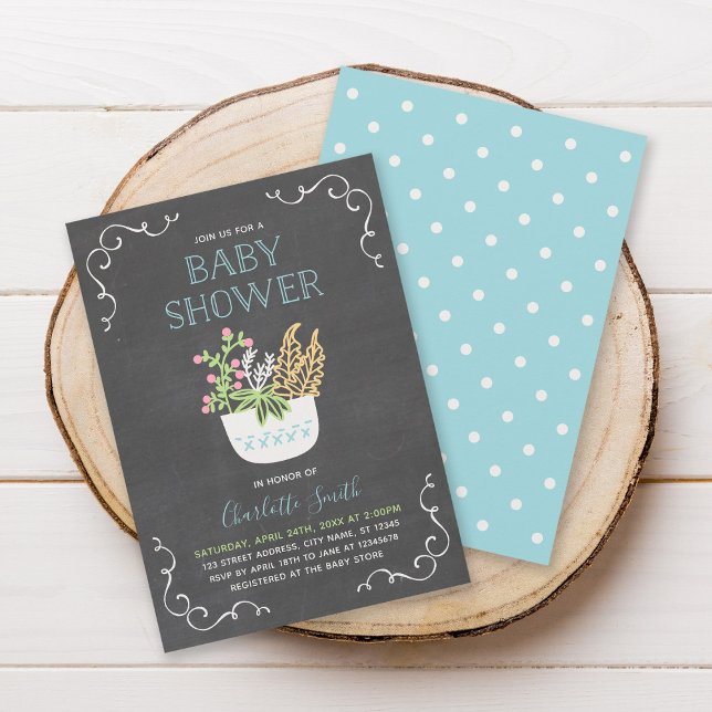 Blå inbjudan till Blå babyblått babyskor med blomm (Skapare uppladdad)