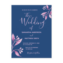 Blå inbjudan till botaniskt bröllop till  rosa