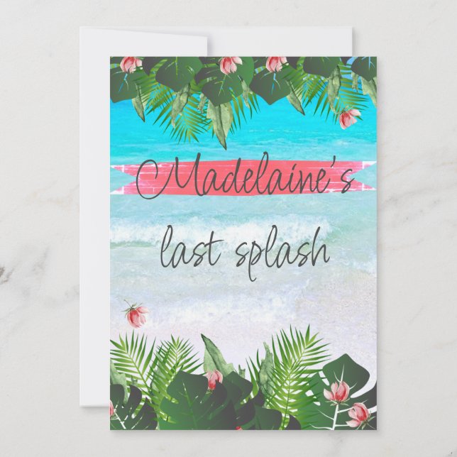 Blå inbjudan till Grönten Beach Tropical Bachelore (Baksida)