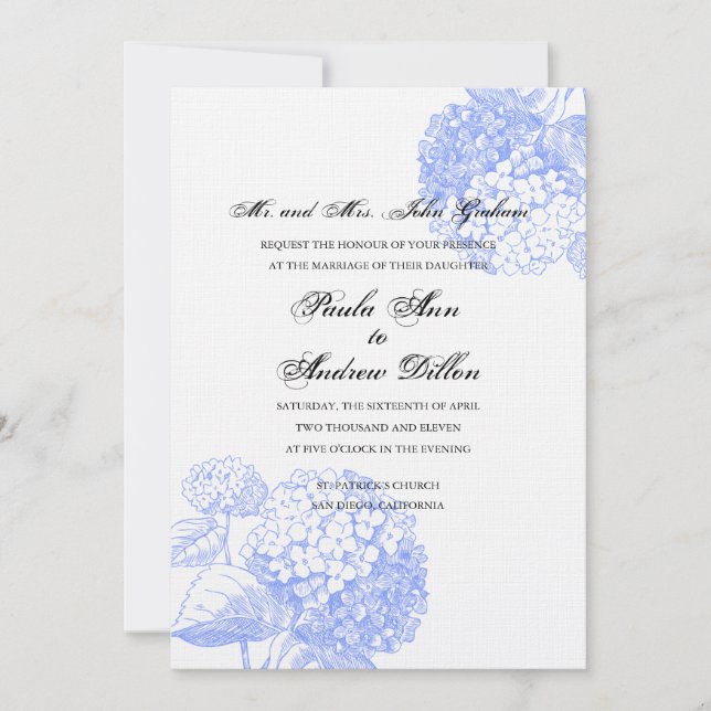Blå inbjudan till Hydrangea Wedding (Framsida)
