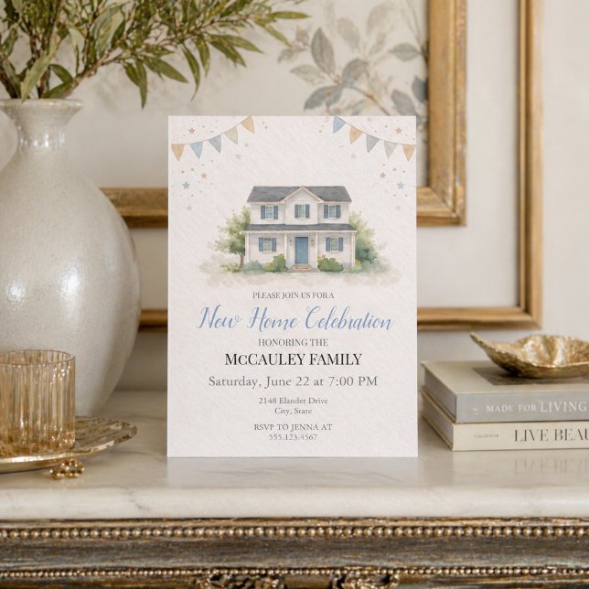Blå inbjudan till nytt hem med charm (Soft blue housewarming celebration with watercolor home and charming banner details)