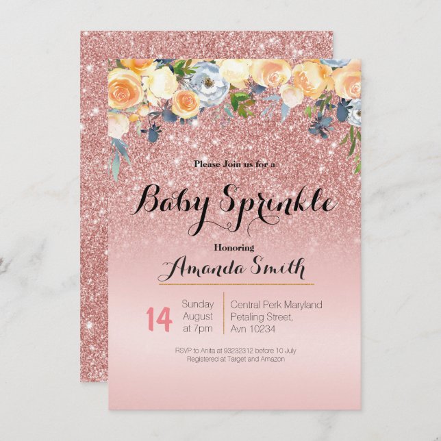 Blå inbjudan till Sprinkle-Guld-Rosa-Baby (Fram/baksida)