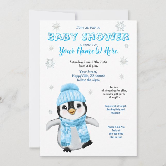 Blå inbjudan till Winter Boy Penguin Baby Shower B (Framsida)