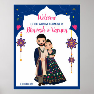 Blå indianformad gräns hindu bröllop välkommen poster