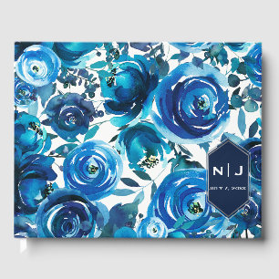Blå Indigo Blommig Blommor Elegant Chic Bröllop Gästböcker