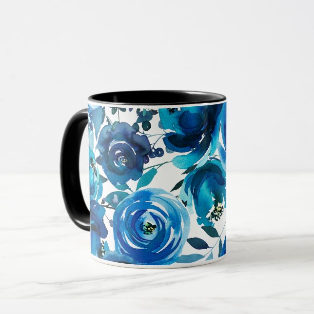 Blå Indigo Blommig Blommor Elegant Shabby Chic Mugg (Framsida vänster)