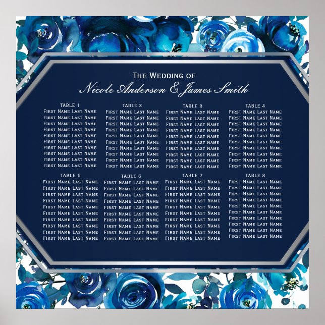 Blå Indigo Blommig Bröllops Placeringsplan Poster (Framsidan)