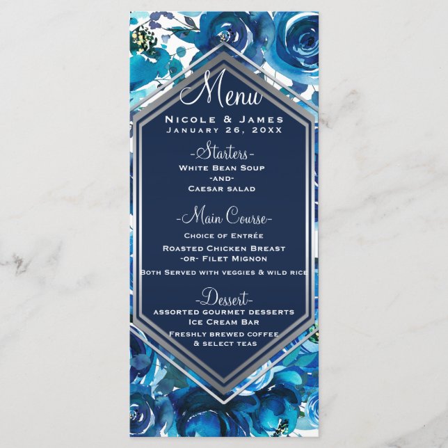 Blå Indigo Blommig Elegant Bröllopsmeny Meny (Framsida)