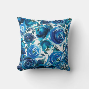 Blå Indigo Blommiga Blommor Elegant Shabby Chic Kudde