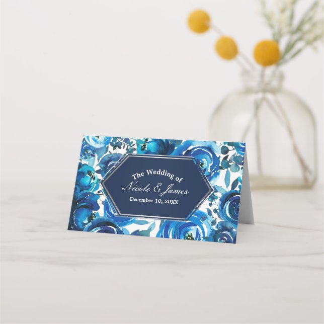 Blå indigo Blommigt Flowers Bröllop Bord sätet Placeringskort (Framsida)