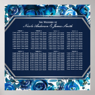 Blå Indigo Blommor Bröllop Sittplatskarta Poster