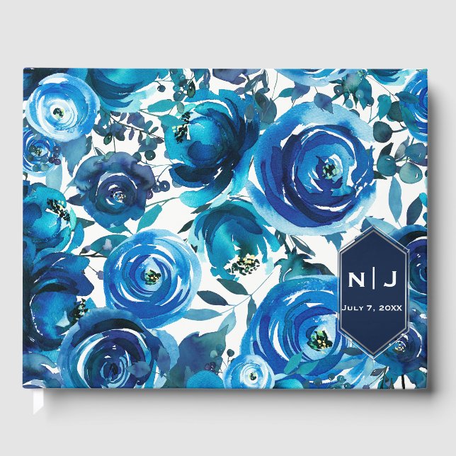 Blå Indigo Blommor Elegant Chic Bröllop Gästböcker (Framsida)