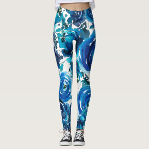Blå Indigo Blommor Elegant Shabby Chic Leggings