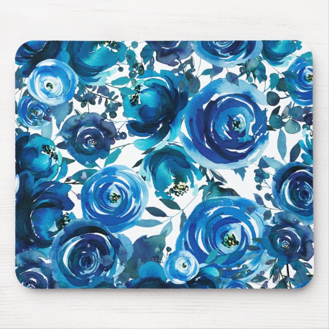 Blå Indigo Blommor Elegant Shabby Chic Musmatta (Framsidan)