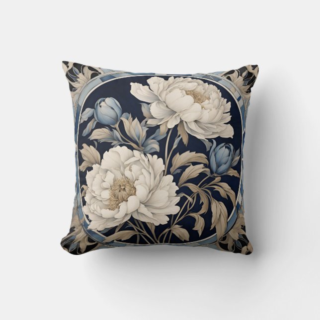 Blå Indigo Peony Blommig  Kudde (Framsida)