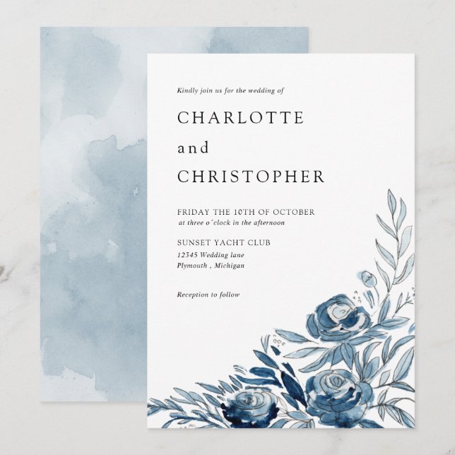 Blå indigo vattencolor blommigt lineart bröllop inbjudningar (Fram/baksida)