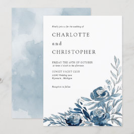 Blå indigo vattencolor blommigt lineart bröllop inbjudningar
