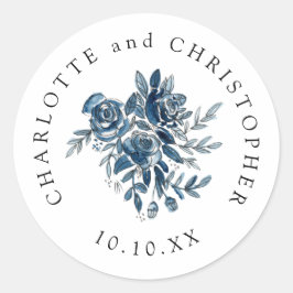 Blå indigo vattencolor blommigt lineart bröllop runt klistermärke
