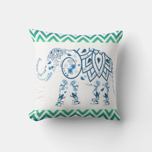Blå indisk elefant grön och blå chevron-design kudde