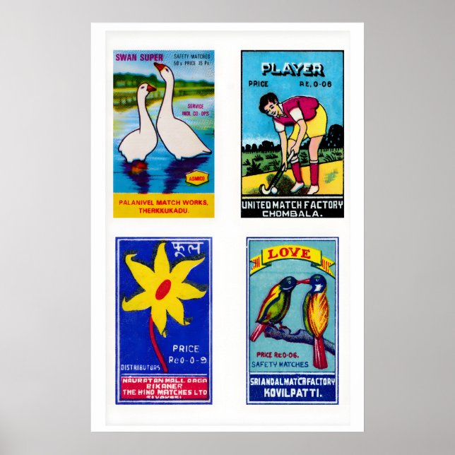 Blå indiska tändsticksförpackningsetiketter Grid P Poster (Framsidan)