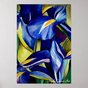 Blå Iris-blommans ursprungliga vattenfärgsmålning Poster