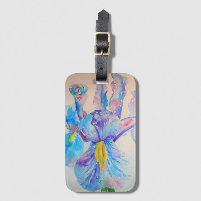 Blå Iris Blommor Blommig Vattenfärg Resväskemärke Bagagebricka (Framsida vertikal)