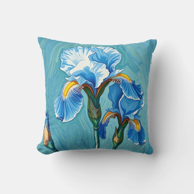 Blå Iris Blommor Konstnärligt Mönster Kudde (Framsida)