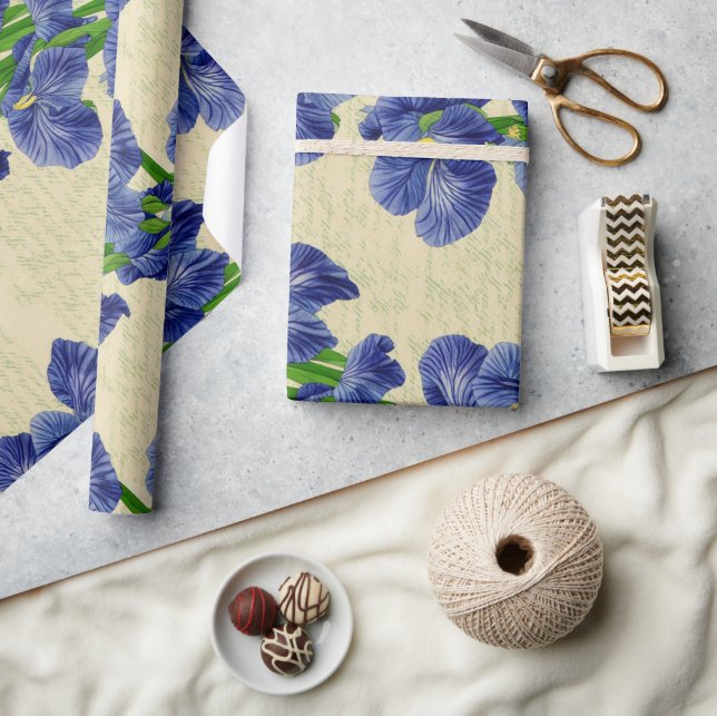 Blå iris-blommor vintage ephemera mönster presentpapper (Hantverk)