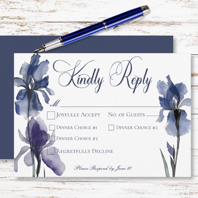 Blå Iris Flowers Modern Bröllop Middag OSA Kort (Blue Iris Flowers Modern Wedding Dinner RSVP Card)