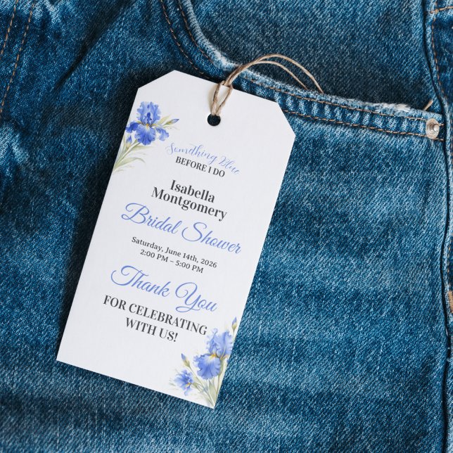 Blå Iris Något Blått Bröllopsfest Tack Presentetikett (Blue Iris Something Blue Bridal Shower Thank You Favor Tag)