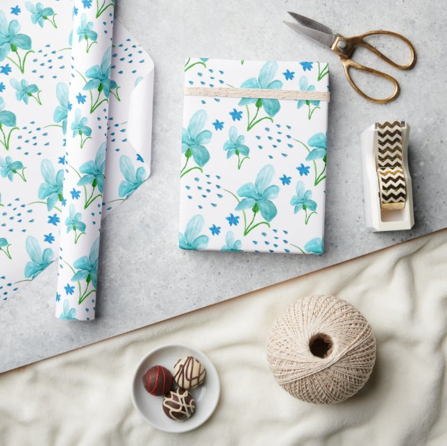 Blå iris och vilda blommor, vattenfärg Mönster Presentpapper (Hantverk)